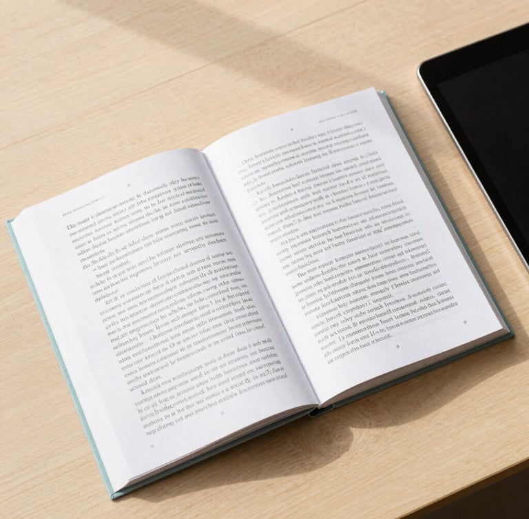 Overhead flat-lay of an open textbook displaying elegant typographic layout alongside a digital tablet on a clean wooden desk, bright natural daylight, soft shadows