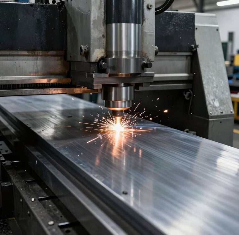 High-contrast portrait of a heavy-duty CNC press brake bending a thick steel plate, cold metallic reflections, industrial workshop setting, sharp focus, 35mm