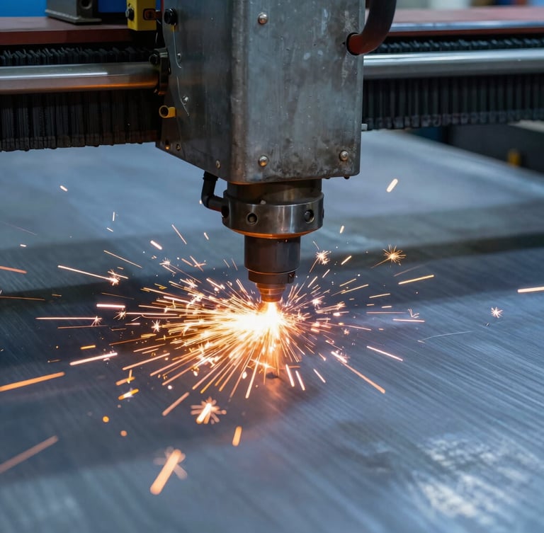 Close-up of a high-power industrial fiber laser cutting thick steel plate, dramatic orange sparks flying, cold blue-gray steel background, high-contrast workshop lighting, sharp focus, 35mm