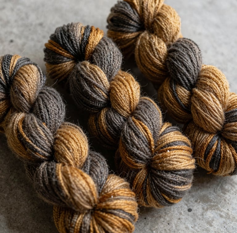 Macro overhead shot of hand-dyed wool hanks in deep charcoal and warm-gold tones, arranged on a concrete surface under soft diffused daylight