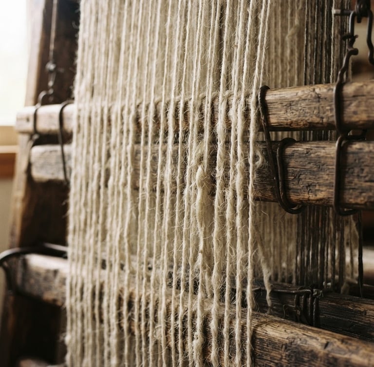 Macro close-up of pristine raw New Zealand wool strands tensioned on a traditional timber loom, soft side-lit natural daylight