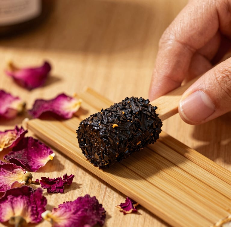Extreme close-up macro of artisan hands gently rolling dark botanical paste onto a bamboo stick, scattered dried rose petals and marigolds, warm side lighting, rich saturated jewel tones.