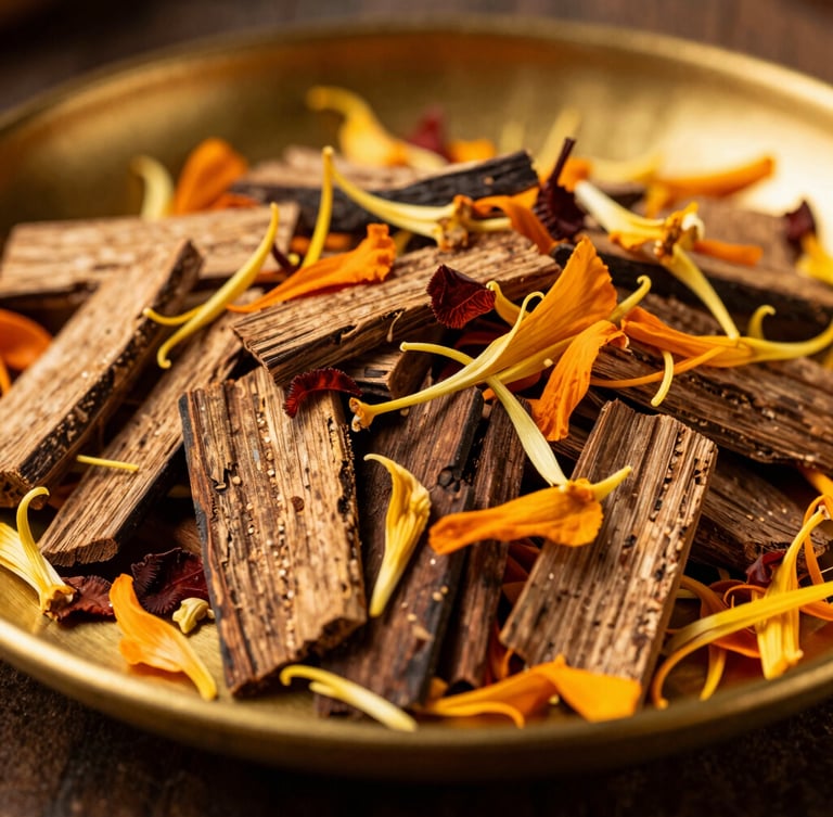 luxurious editorial photography of raw sandalwood chips and dried marigold petals nestled on a dark brass plate, warm side-lighting, macro depth of field, 35mm