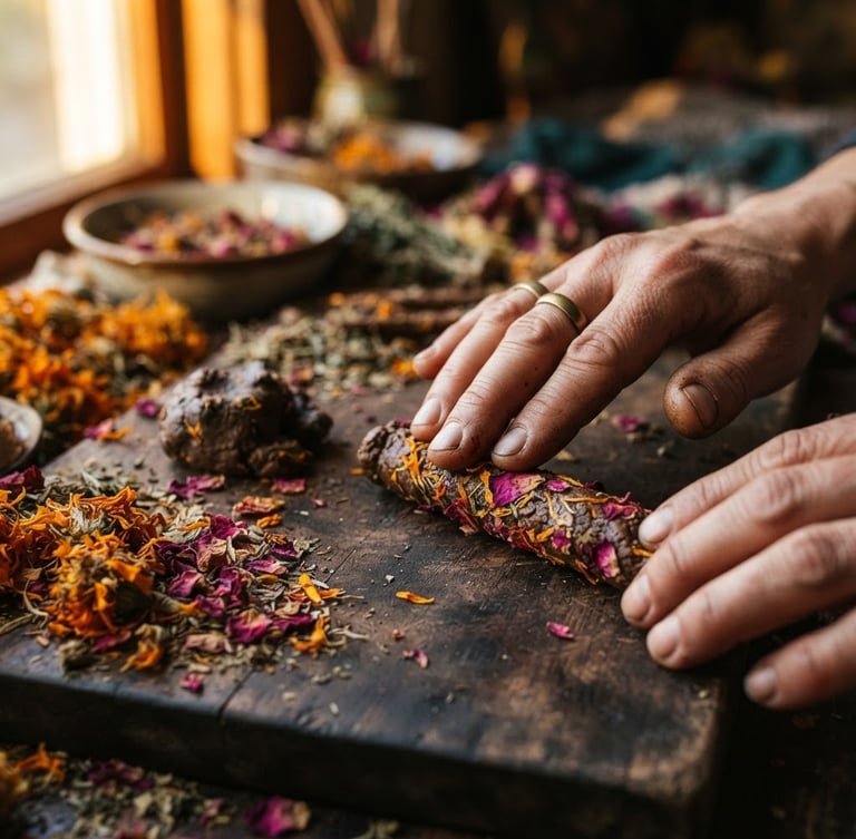 Macro photograph of dried marigold and rose petals being hand-rolled into incense on a dark wooden surface, dramatic golden-hour side lighting, 35mm