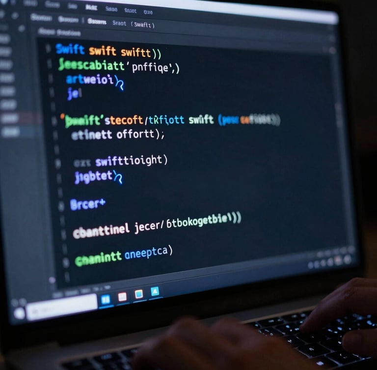 Close-up of a code editor displaying clean Swift code with syntax highlighting on a dark terminal theme, subtle electric blue cursor reflection, developer's hands on keyboard.