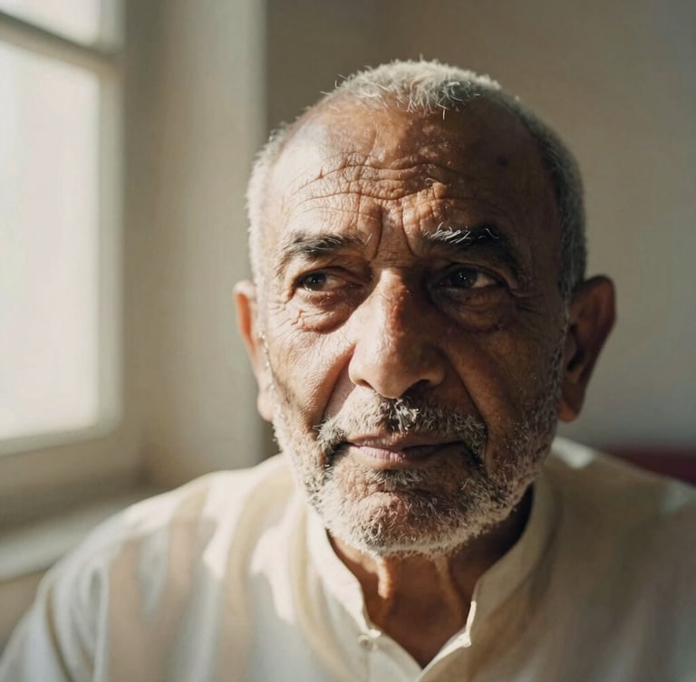 A close-up, unposed portrait of Baba Kamal in deep thought, looking away from the camera, soft natural window light casting deep shadows on his face, warm ivory and charcoal tones, shallow depth of field, 35mm