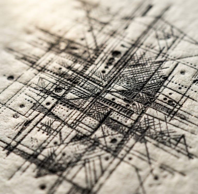 Extreme macro detail of heavy-weight cotton paper, deep charcoal letterpress ink impressions, warm directional window light, shallow depth of field, 35mm