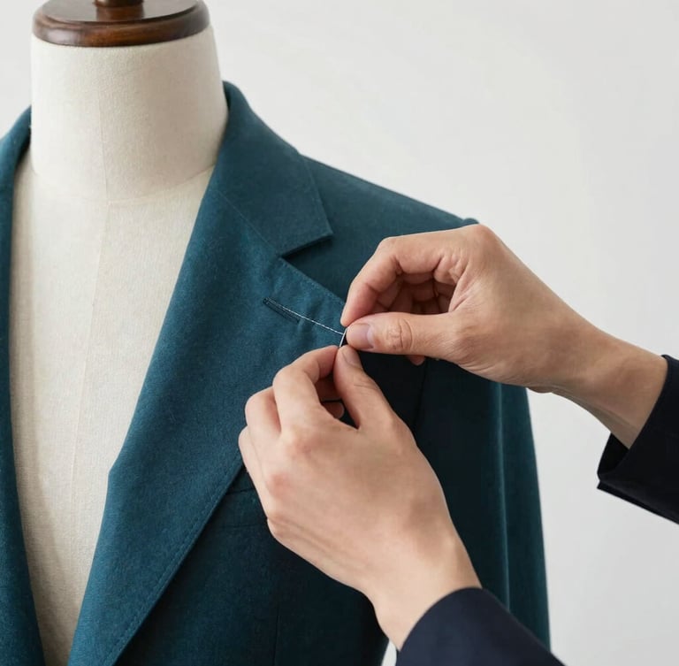 Close-up of master tailor hands pinning a deep teal wool blazer on a minimalist mannequin, soft natural daylight, sharp focus on the seam.