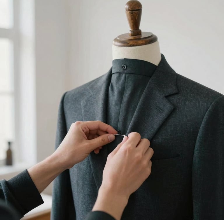 Macro shot of hands pinning a high-end charcoal wool suit jacket on a wooden mannequin, soft natural daylight, minimalist atelier background, 35mm editorial photography