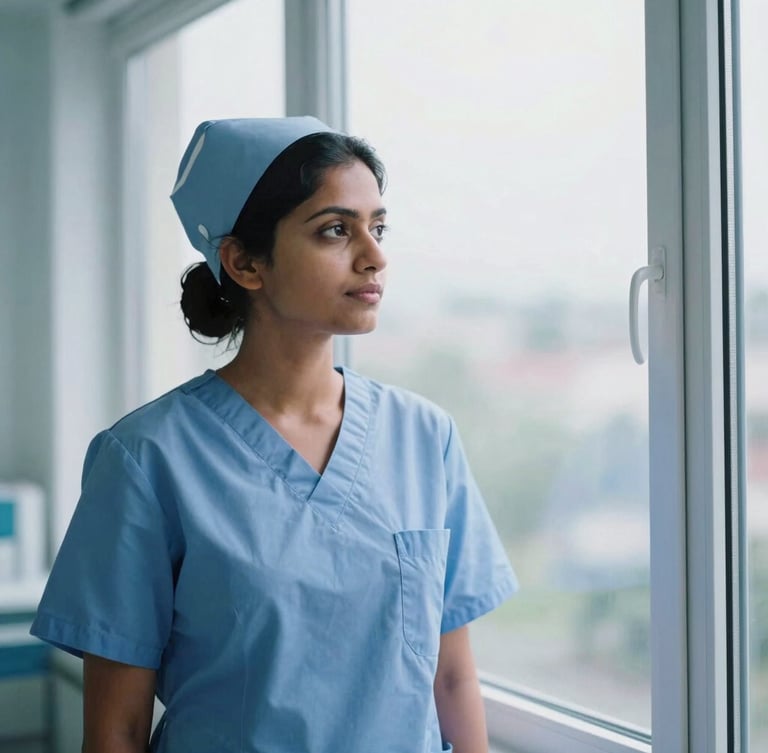 An Indian nurse in clean, modern German hospital scrubs, looking thoughtfully through a bright window, soft overcast daylight, cool clinical tones, 35mm.