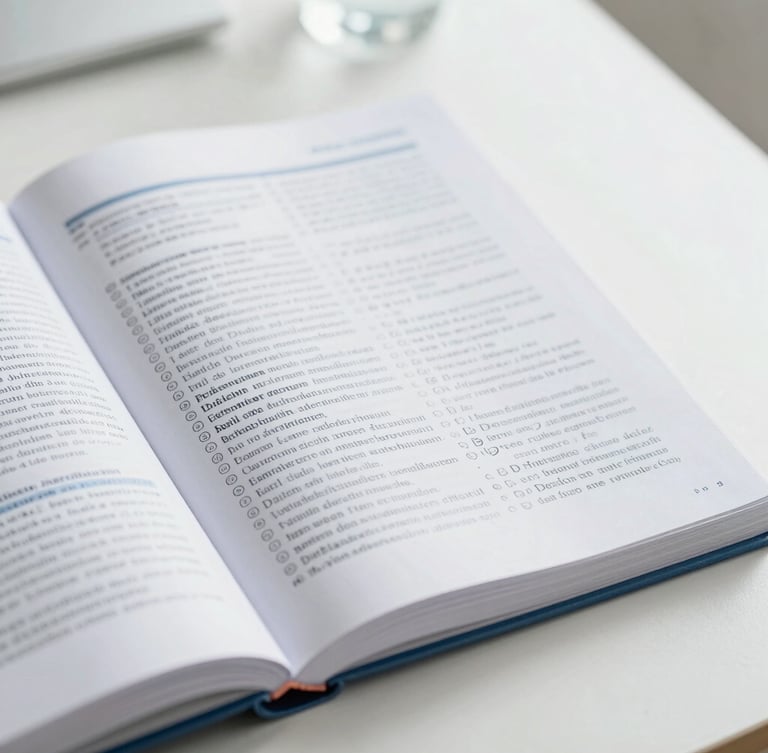 Close-up of a German medical textbook and handwritten vocabulary notes on a clean desk, bright natural overcast daylight, sharp focus, 35mm.