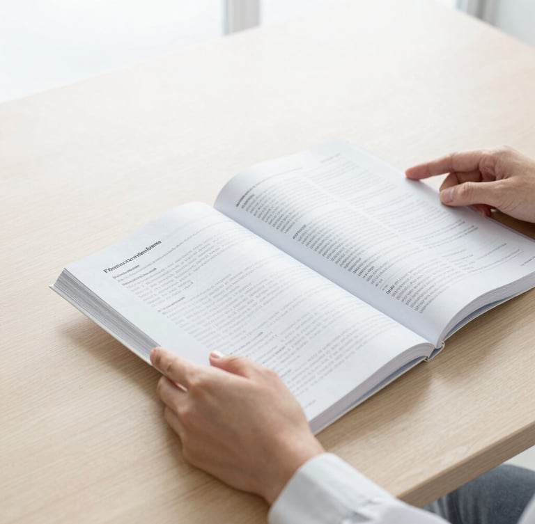 A focused close-up of hands reviewing German medical textbooks and bilingual clinical documents on a clean wooden desk, bright natural daylight, 35mm