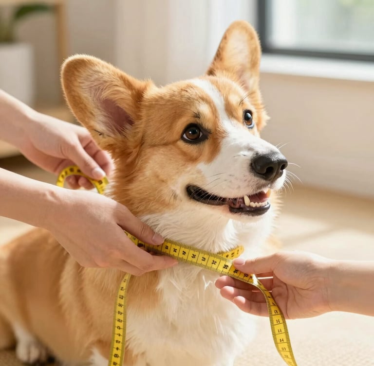 A cozy indoor scene of hands gently measuring a fluffy corgi with a soft yellow measuring tape, bright natural daylight, warm editorial style.