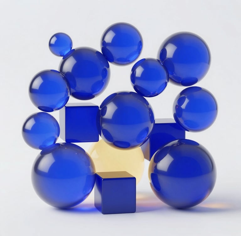 3d render of abstract geometric glassmorphism spheres and cubes reflecting royal blue and gold light, soft colorful ambient backglow, clean minimalist white background, studio light