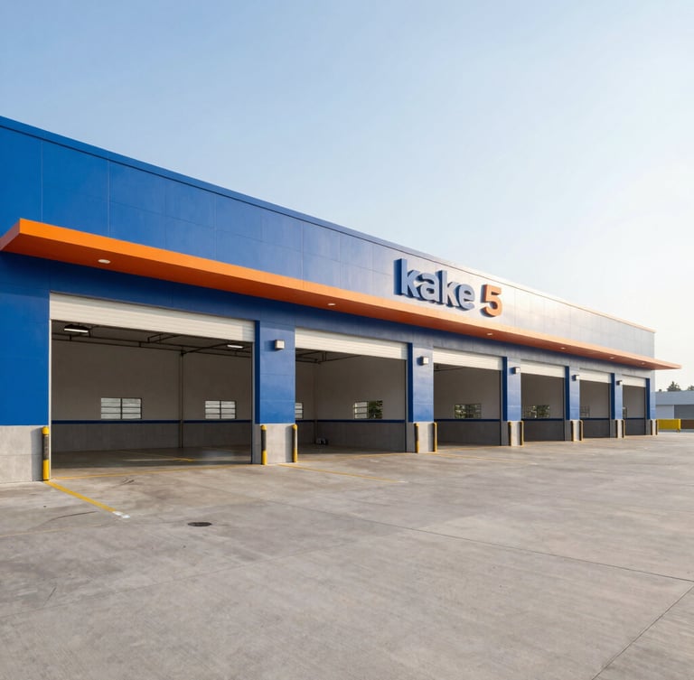 Wide-angle exterior shot of the clean, modern Take 5 service bays in Kuna during a bright afternoon, featuring bold blue and orange architectural accents and clear signage.
