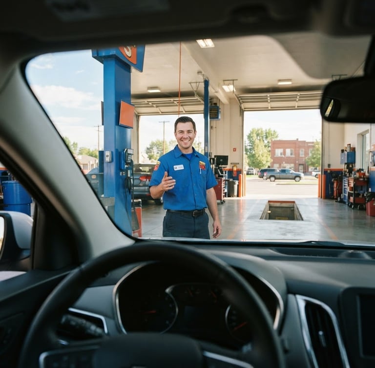 Eye-level view from inside a car looking out at a bright, clean Take 5 drive-through service bay in Kuna, a smiling technician in a clean royal blue uniform greeting the driver under warm daylight.