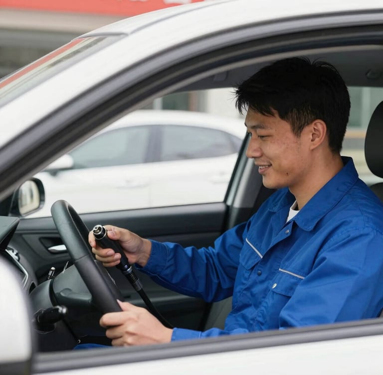 Eye-level view from inside a car looking out at a smiling technician in a clean blue uniform checking an oil dipstick under bright daylight