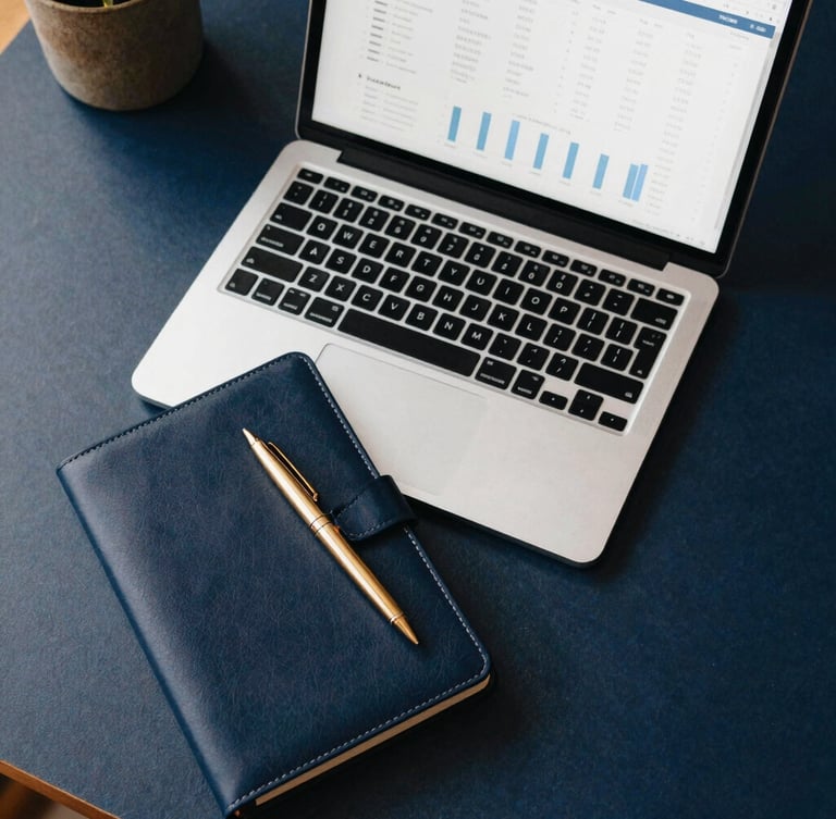 Overhead flatlay of a modern designer workspace, sleek laptop showing clean analytics charts, premium leather notebook with a gold pen, soft daylight, deep navy and warm gold tones, editorial workspace photography