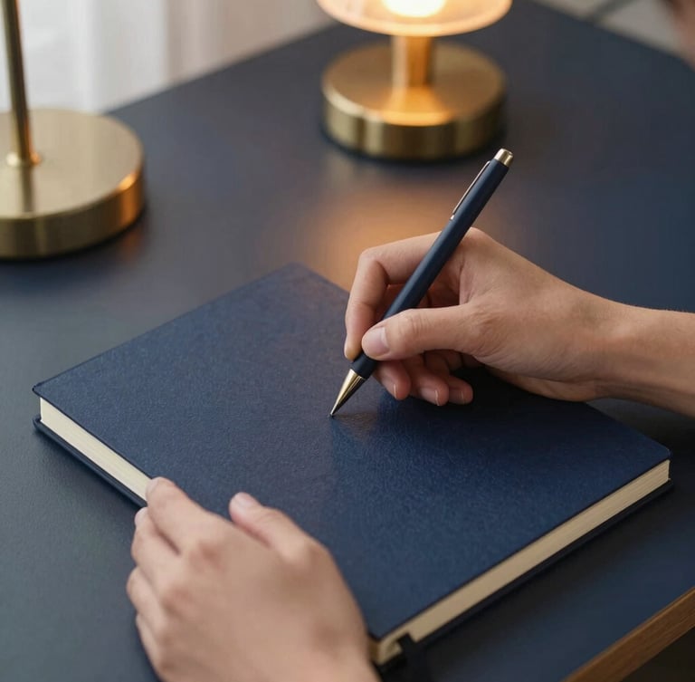 Hands writing in a high-quality textured paper notebook on an elegant dark navy desk, warm desk lamp lighting, close-up, editorial photography