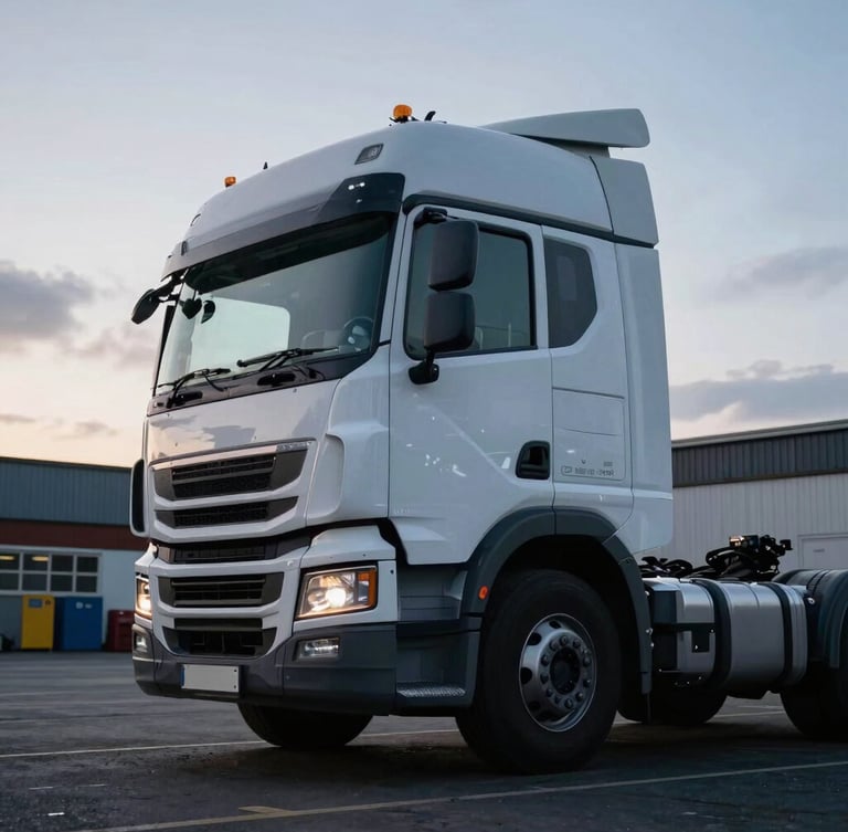 Low-angle powerful shot of a clean Class 1 HGV cab parked in a London distribution yard at dawn, cool overcast light, industrial precision framing.