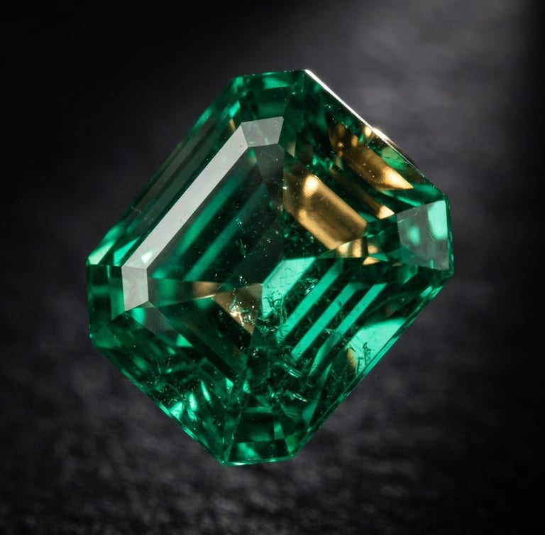 Macro shot of a high-clarity emerald gemstone with sharp facets, dramatic spotlighting, deep charcoal background, 100mm lens, gold reflections