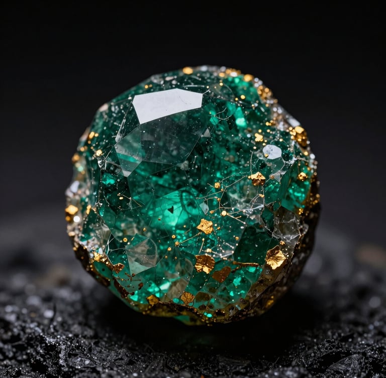 Extreme macro close-up of a vibrant unheated emerald showing internal inclusions and crystal habit, high-contrast directional spotlighting, dark matrix rock background, 100mm lens
