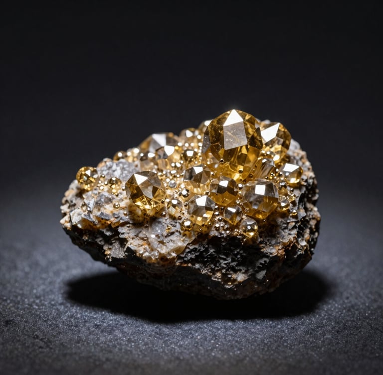 Macro shot of a raw mineral specimen with sharp crystal formations resting on dark matrix rock, high-contrast spotlighting, deep shadows, dark charcoal background, 100mm lens