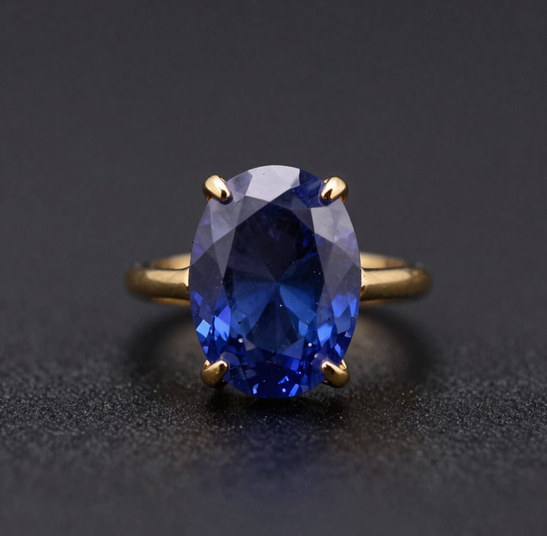 Eye-level portrait of a bespoke gold ring featuring a large, untreated sapphire, dramatic side-lighting highlighting metalwork and gemstone facets, deep charcoal background, 100mm lens