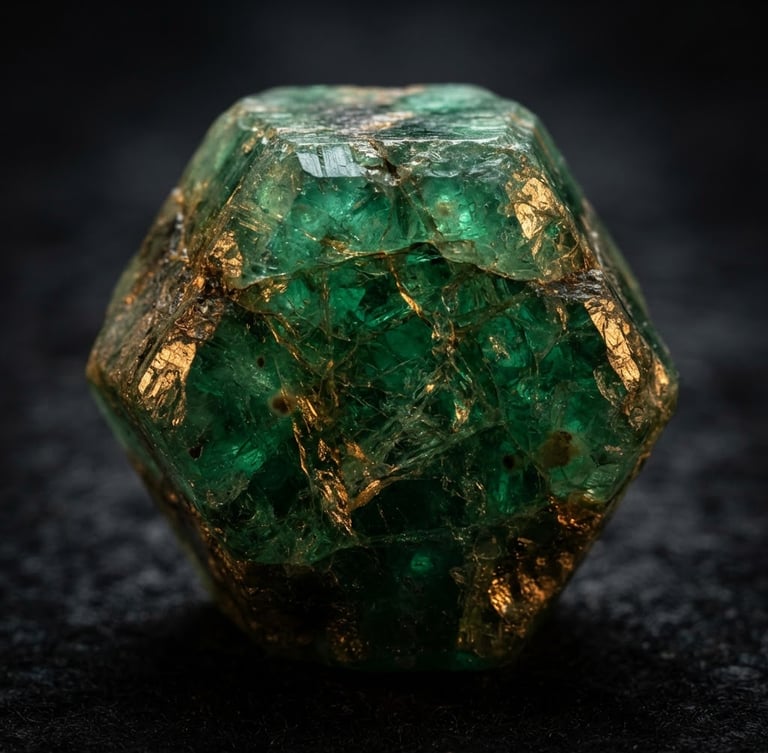 Macro shot of a raw, unpolished emerald crystal showing natural inclusions, dramatic spotlighting, deep charcoal background, sharp crystal facets, 100mm lens.