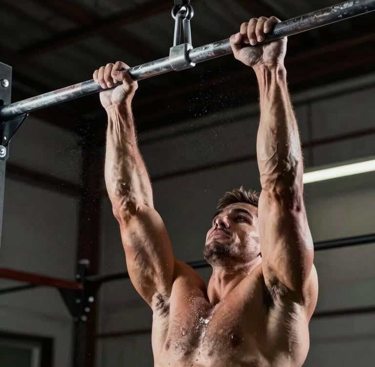 Dynamic tight crop of hands gripping a pull-up bar, chalk dust in the air, dramatic high-contrast side lighting highlighting muscle definition, industrial athletic facility background.
