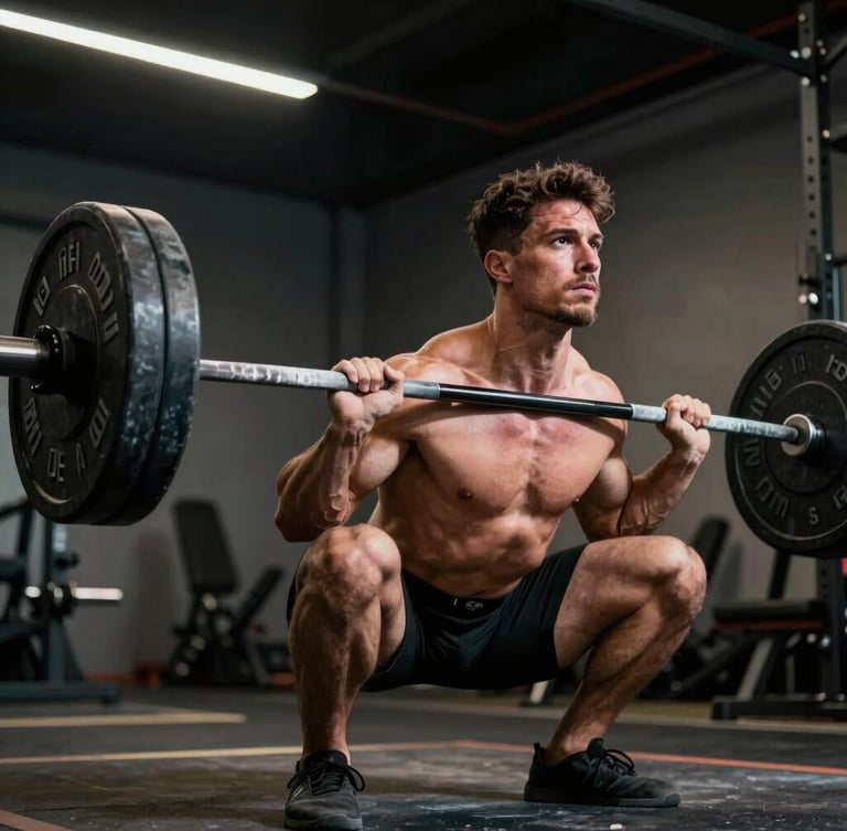 Dynamic low-angle shot of a strength athlete executing a heavy deadlift with perfect form, hands gripping the knurled steel bar, intense focus, high-contrast directional lighting emphasizing muscle definition, dark athletic background.