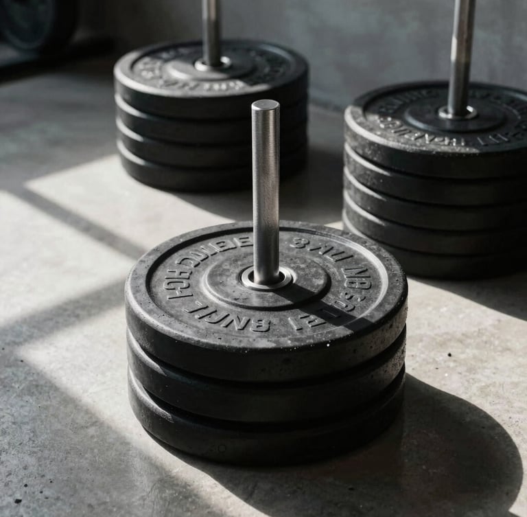 Low-angle dynamic shot of a modern strength training area, matte black weight plates stacked neatly, sharp directional lighting casting deep shadows on knurled steel bars, clean concrete floor.