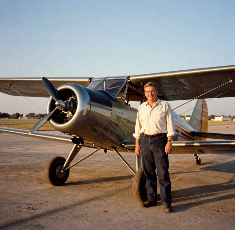 Archival warm 35mm film photograph of co-builder Paul Lasen, smiling beside a classic Bonanza aircraft on a sunny Texas runway, rich metallic tones