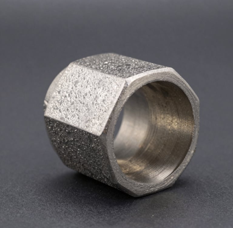 Sharp industrial product photography of a cutaway pipe elbow showing internal hexagonal ceramic lining, high-contrast metallic textures, clean dark slate background, macro depth of field