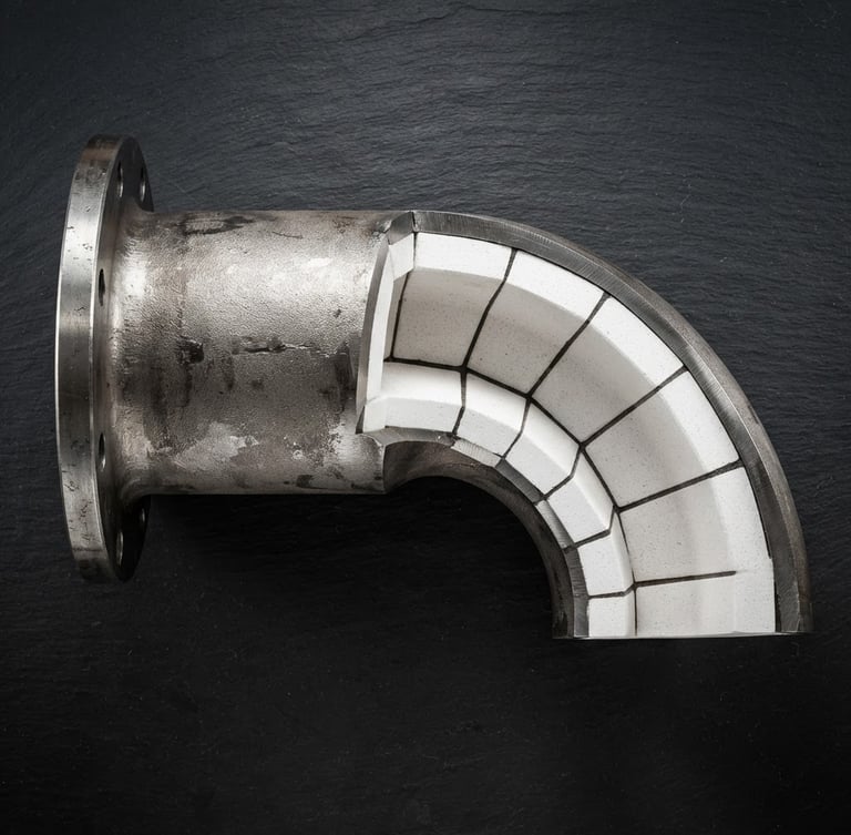 Sharp orthographic studio shot of a heavy steel pneumatic conveying elbow, cutaway showing internal white ceramic tile lining, high-contrast spotlighting on a dark slate background, macro depth of field.