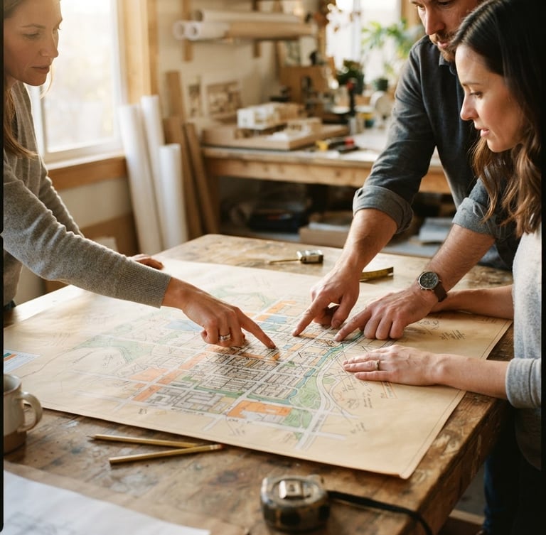 Hands pointing at a physical neighborhood planning map on a wooden table, natural late-afternoon sun, warm editorial photography, 35mm film look