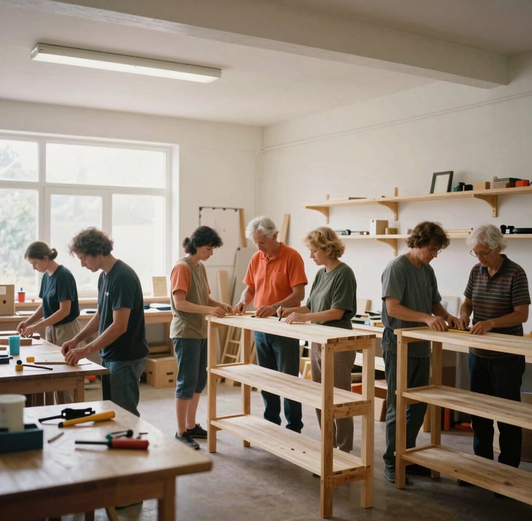 Medium-wide environmental shot of community members of different generations working together to assemble wooden shelves in a bright, natural-light workshop, tools on tables, 35mm film look.