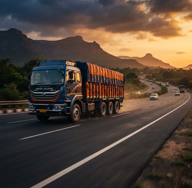 Modern multi-axle cargo truck on a well-maintained Indian highway, high-contrast natural daylight, low angle, sharp focus, deep navy and orange tones.
