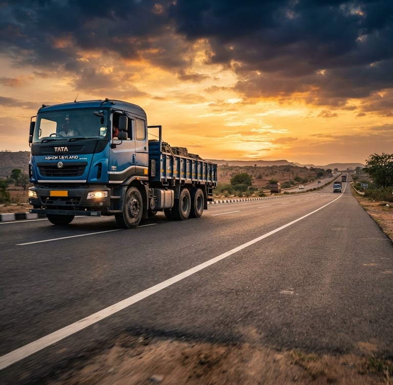 Powerful low-angle shot of a heavy multi-axle truck driving on a well-maintained Indian national highway at golden hour, sharp focus, deep navy and orange tones, with expansive sky and road.