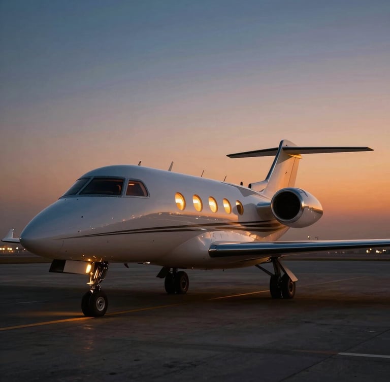 A private jet parked on a quiet tarmac in Riyadh at twilight, warm cabin lights glowing through the windows, sleek polished fuselage reflecting the deep blue and orange sky, cinematic 35mm photography