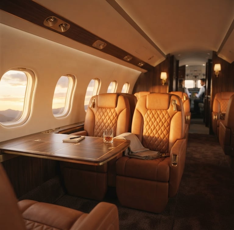 Wide environmental shot of a sleek private jet cabin interior at golden hour, warm leather seats, polished brass accents, soft window light, shallow depth of field, 35mm.