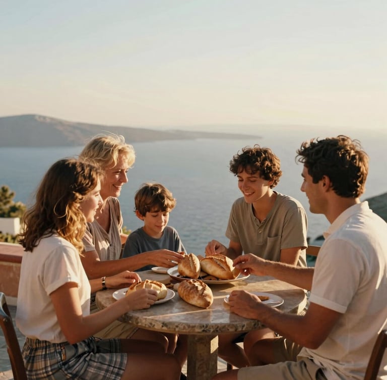 A family sharing fresh bread on a sun-drenched stone terrace overlooking the Aegean sea, golden-hour warmth, authentic laughter, cinematic composition.