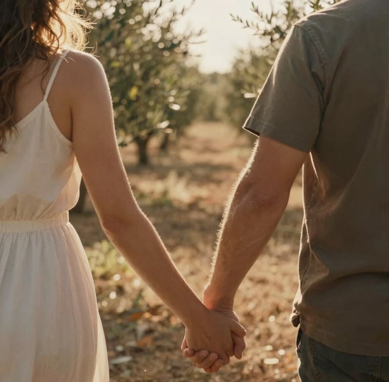 Candid close-up of a couple walking hand-in-hand through a sun-drenched Italian olive grove, warm backlight, soft focus, cinematic 35mm film.