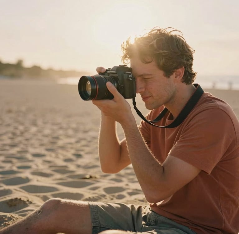 Cinematic portrait of a photographer holding a camera, warm golden-hour sun flare, soft sand background, relaxed and candid, 35mm film.