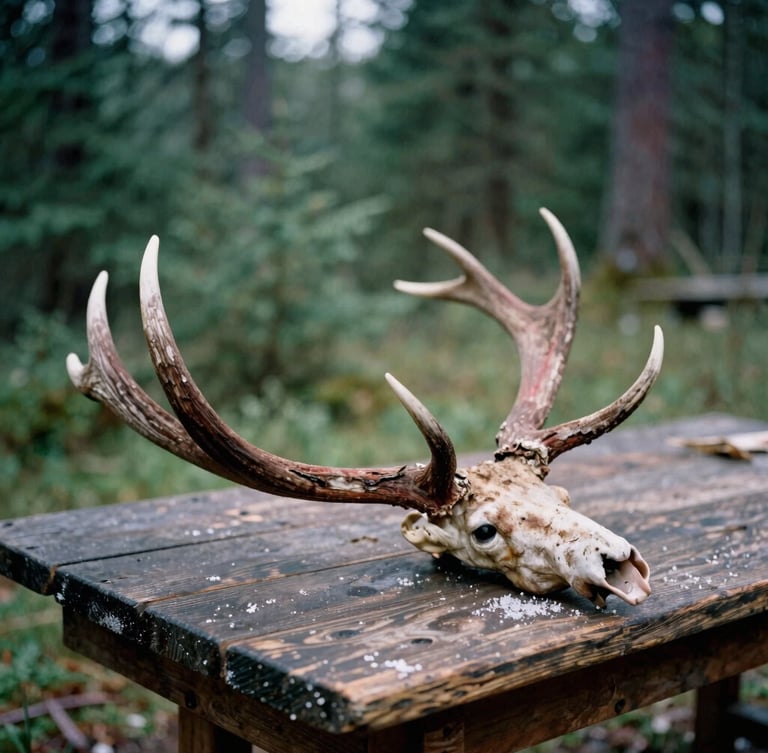 Close-up of weathered red deer antler and sea-salted coastal timber on a dark wooden workbench, soft overcast daylight, shallow depth of field