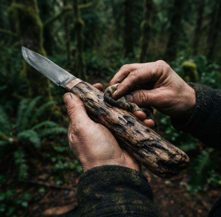 Macro shot of weathered hands oiling a textured beachcombed wood knife handle, soft moody natural light, overcast forest green background, 35mm film.