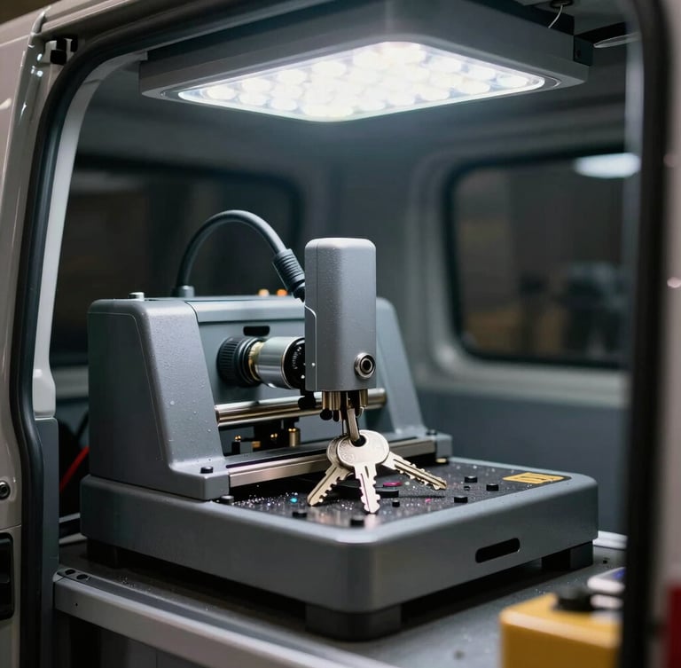Close-up of a high-tech key cutting machine inside a mobile van, slicing a new metal key with bright LED work lights overhead.