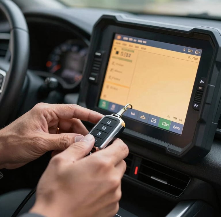 Close-up macro shot of a technician's hands programming a modern smart key fob inside a vehicle, illuminated by the glowing amber screen of a digital diagnostic tool.