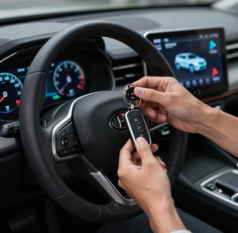 Hands programming a modern key fob against a steering wheel inside a car, digital programmer screen glowing with vehicle diagnostics, high-contrast night-time emergency lighting.