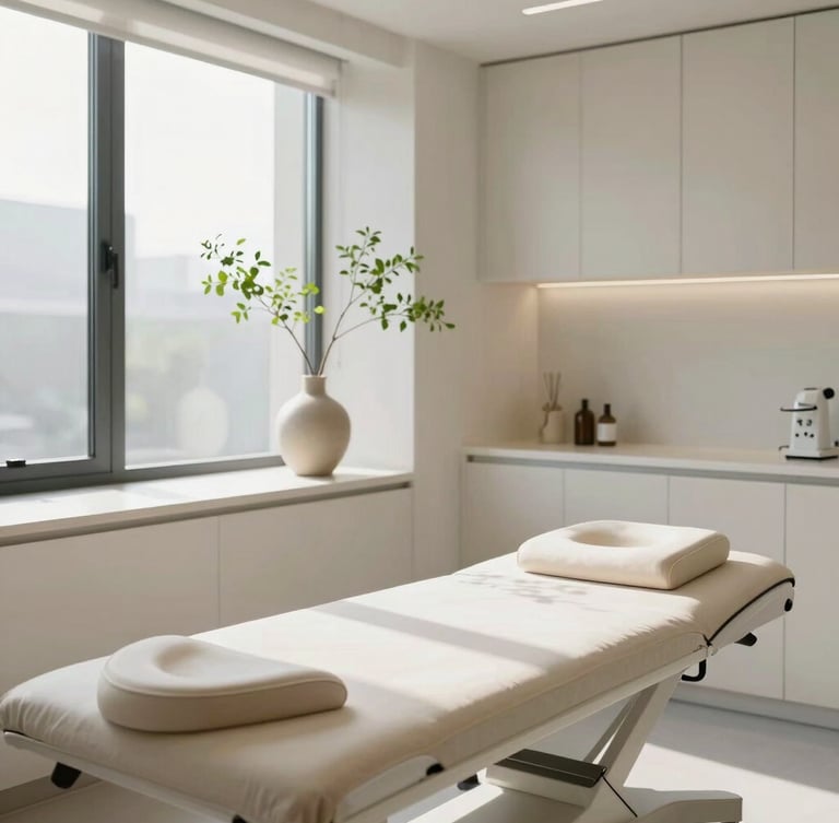 A bright, hyper-clean medical aesthetics treatment room with soft daylight streaming through a window, a neutral-toned treatment table, minimalist cabinetry, and a single green branch in a ceramic vase.